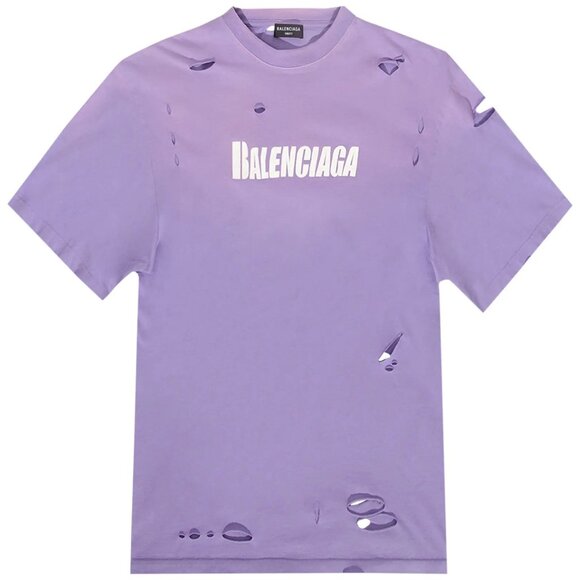 Balenciaga Oversized Distressed Logo-Print Cotton Jersey T-Shirt Purple XXS Boxy - Picture 5 of 5